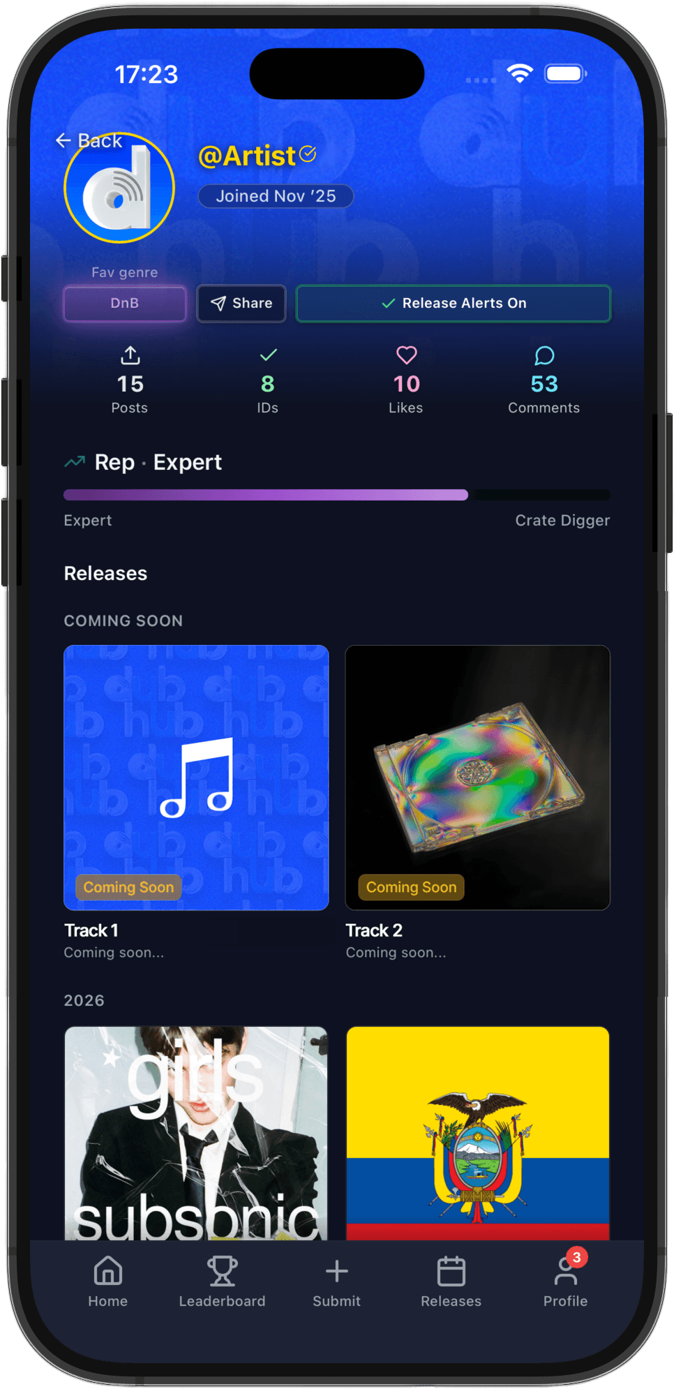 Artist profile on dub hub — releases, reputation, and release alerts in one place