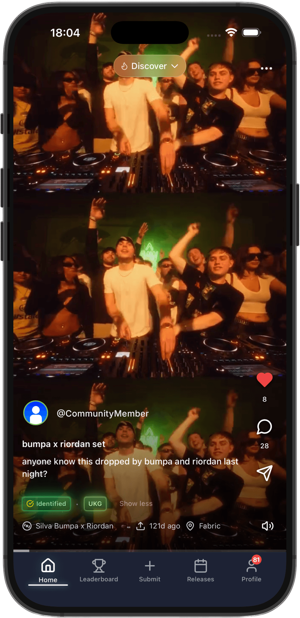 Identified feed post on dub hub — a community clip with artist confirmation and genre tags