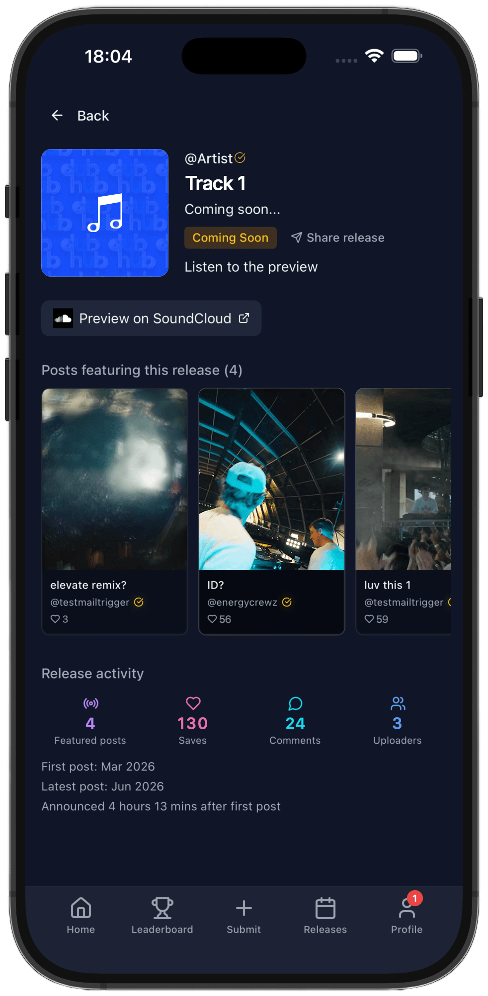 Upcoming release on dub hub — coming soon track with featured posts, saves, and release activity